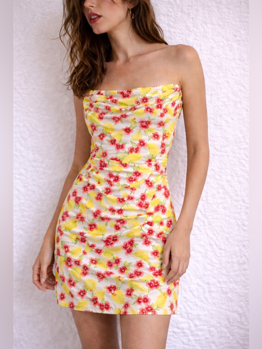Amy Matto Yellow Lemon Floral Strapless Mini Dress XS Euro Summer Coquette